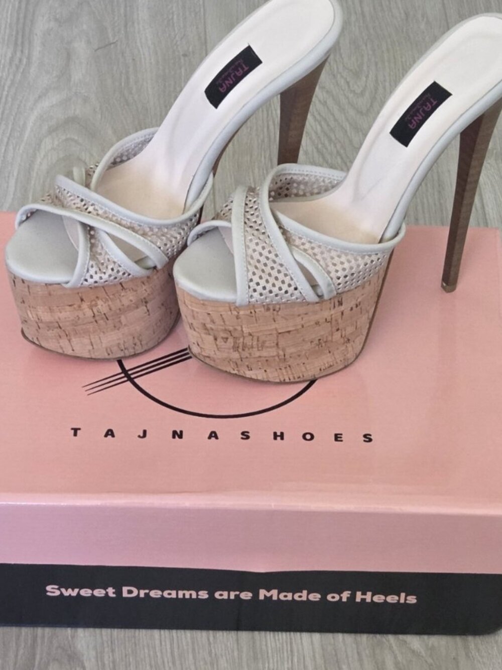 Tajna Club Cream Cork Fishnet High Heel Mules